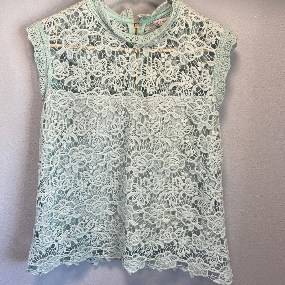 Nanette Lepore Mint Sleeveless Mock Neck Lace Blouse